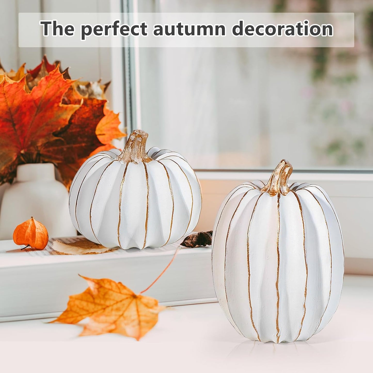 2Pcs Halloween Pumpkin Artificial Resin Pumpkins Decor for Mantel Harvest Autumn Tabletop Decoration Gold Fall Pumpkin Decorations Thanksgiving Table Centerpieces (Set C, ONE Size)