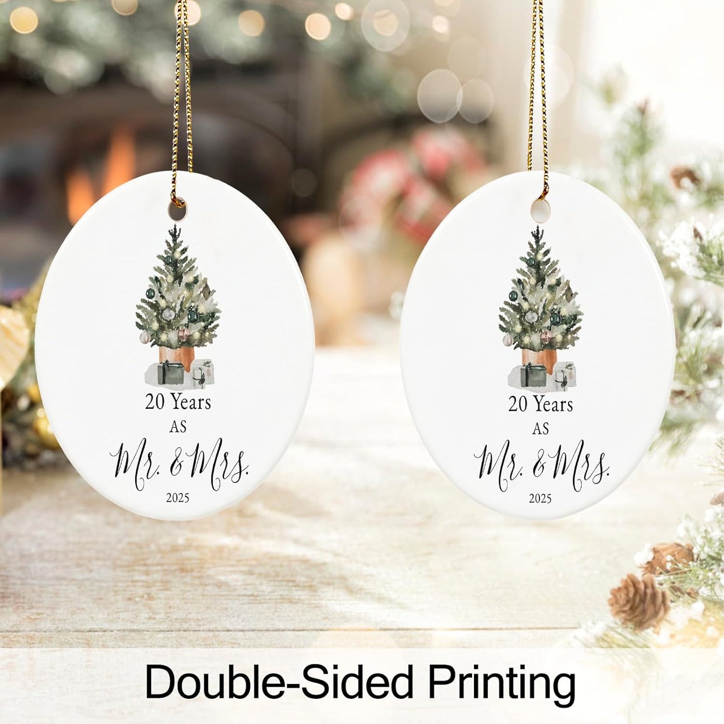 20th Anniversary Ornament Gifts for Couple, 20th Wedding Anniversary for 20 Year as Mr and Mrs Gifts, Ceramic Keepsake 20 Year Anniversary Christmas Ornaments with Ribbon and Box