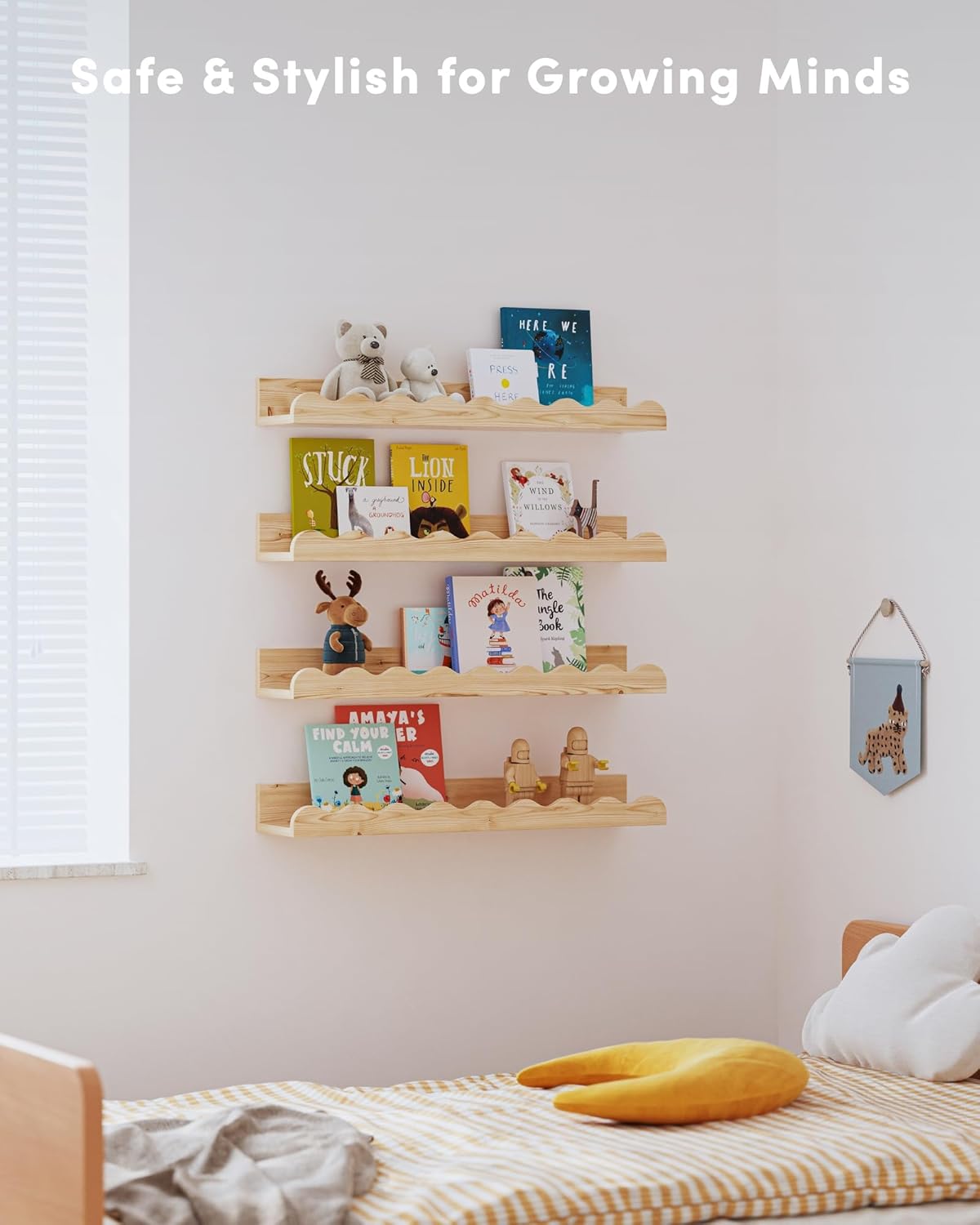 Kids' Bookshelf Set of 4 - Wood Floating Nursery Book Shelves, Picture Ledge Shelf for Wall Decor and Storage - Perfect for Books, Toys, Photo Frames, and Nursery Décor