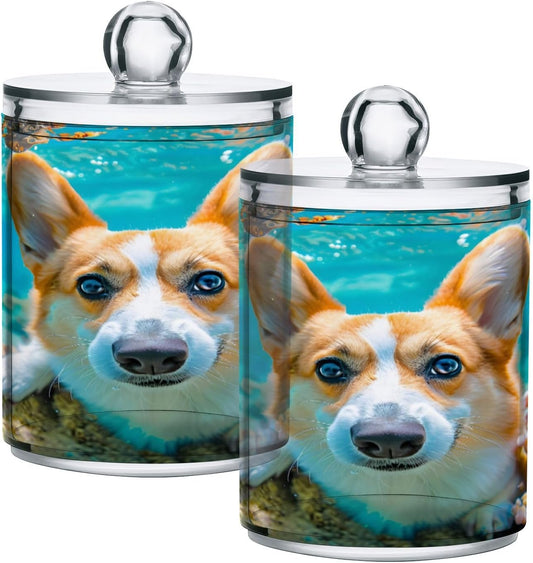2 Pack Qtip Holder Organizer Dispenser Corgi Dog Underwater Bathroom Storage Canister Cotton Ball Holder Container for Cotton Pads/Swabs/Floss