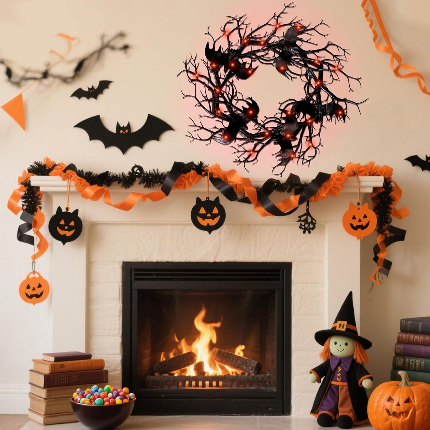 Halloween Black Branch Wreath - 18 Inch Black Twig Halloween Bat Wreaths with Red Lights for Front Door Indoor Outdoor Party Window Wall Decor Farmhouse Garland Yard