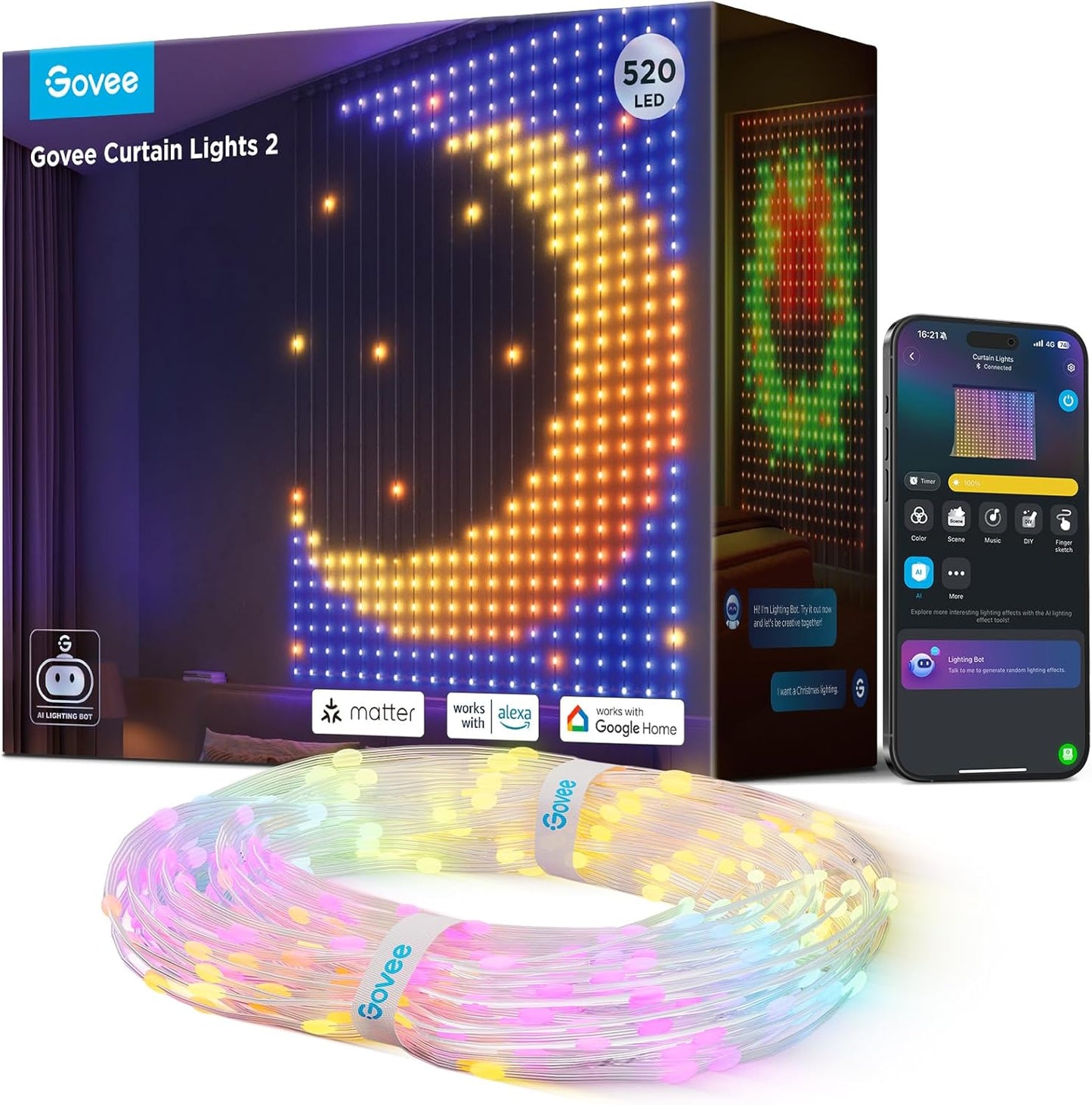 Govee Curtain Lights 2, 520 LEDs, Smart LED Curtain Light with DIY GIF AIGC, Non-Splicable, RGBIC Color Changing Holiday Lights for Indoor Outdoor Bedroom Window Decor, IP65 Waterproof, 4.9×6.6ft