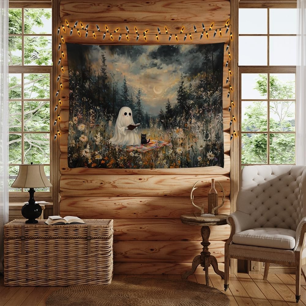 Halloween Ghost and Black Cat Tapestry Wall Hanging Spooky Ghos Reading Book in Wildflowers Wall Decor Halloween Witchy Room Aesthetic Tapestries for Goth Living Room Bedroom Decoration 30x40inch