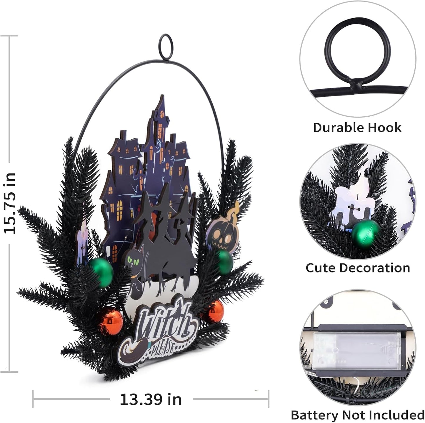 Lighted Halloween Wreaths for Front Door, Welcome Metal Wooden Door Wreath Decor Hanging Sign, 30 LED Lighted Wall Decor Battery Operated for Halloween Indoor Outdoor (Witch)
