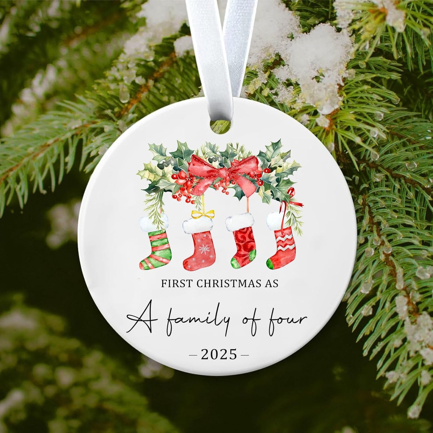 Christmas Ornaments, 3 Inch Ceramic Our First Christmas As a Family of Four 2025 Ornament Personalized New Parents Gifts for Couples Baby First Xmas Hanging Decor for Family of Four