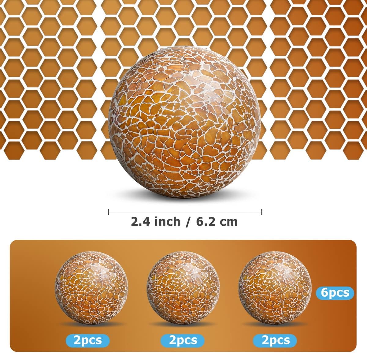 6 PCS 2.5inch Glass Decoration Gradients Solid Round Orbs Set Mosaic Sphere Balls for Living Room Table Bowls Vases Christmas Wedding Thanksgiving Party Centerpieces