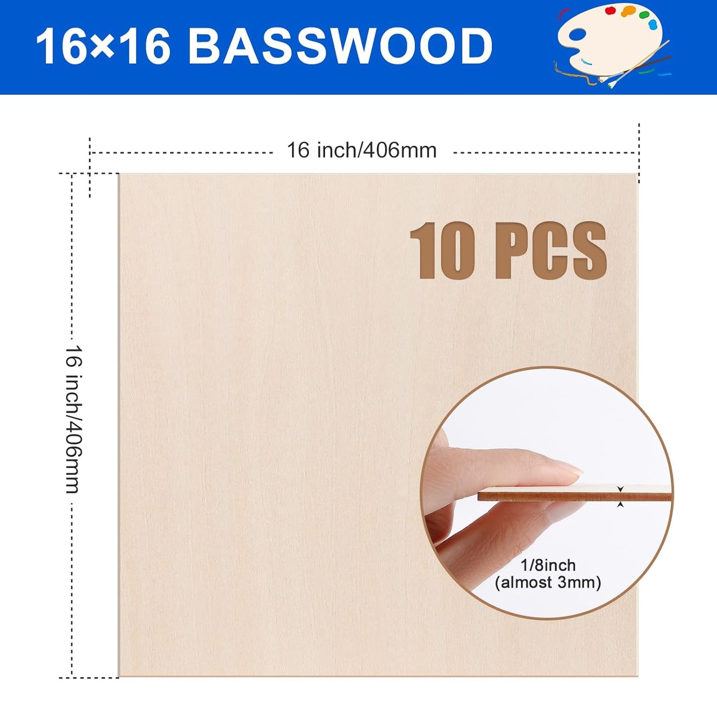 10 Pack 16x16x1/8 Inch Basswood Sheets, Large Size Basswood for Laser Cutting & Engraving, Plywood Wood Board Unfinished Wood Sheets for Crafts, DIY Architectural Models, Wood Burning and Painting.