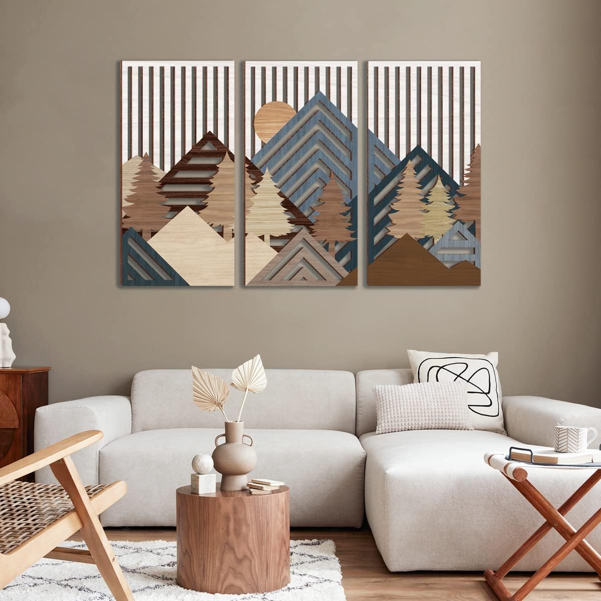 IARTTOP Abstract Mountain Wood Wall Art Large geometric Forest Pine Trees Wooden Wall Decor Boho Sun Nature Landscape Wall Decor for Bedroom Living Room Office-16 x32 Inch Set of 3