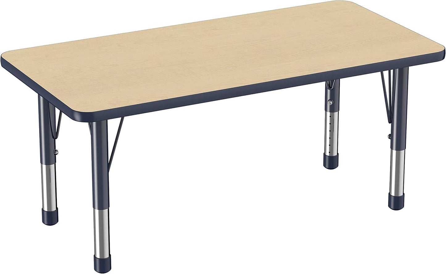FDP Rectangle Activity School and Kids Classroom Table (24 x 48 inch), Toddler Legs, Adjustable Height 15-24 inches - Maple Top and Navy Edge