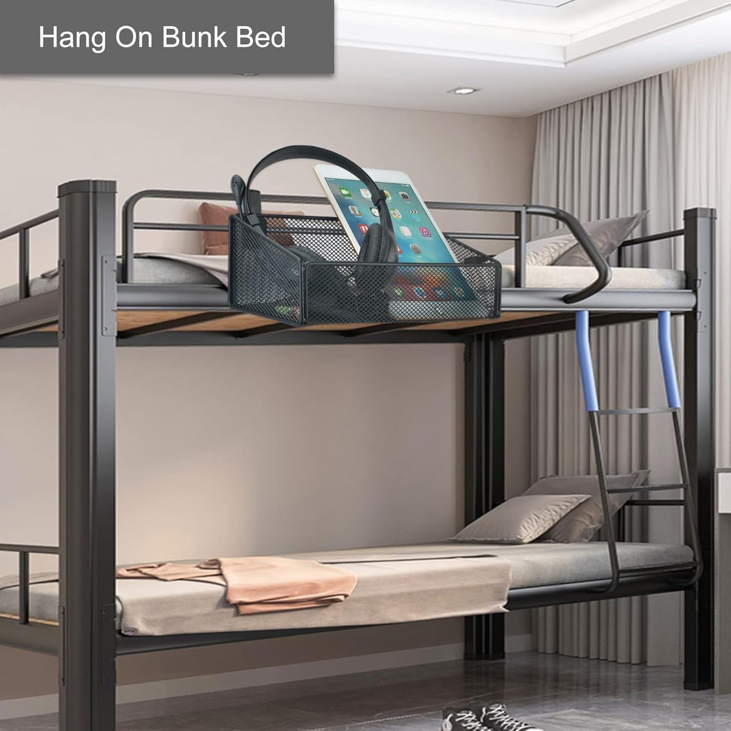 Bedside Caddy Hanging Storage Basket Beside Shelf Metal Organizer for Collage Dorm Bunk Bed,Hospital Bed,Baby Bed - Bedroom Essentials for Magazine,Remote Control,Phone,Drinks (White)