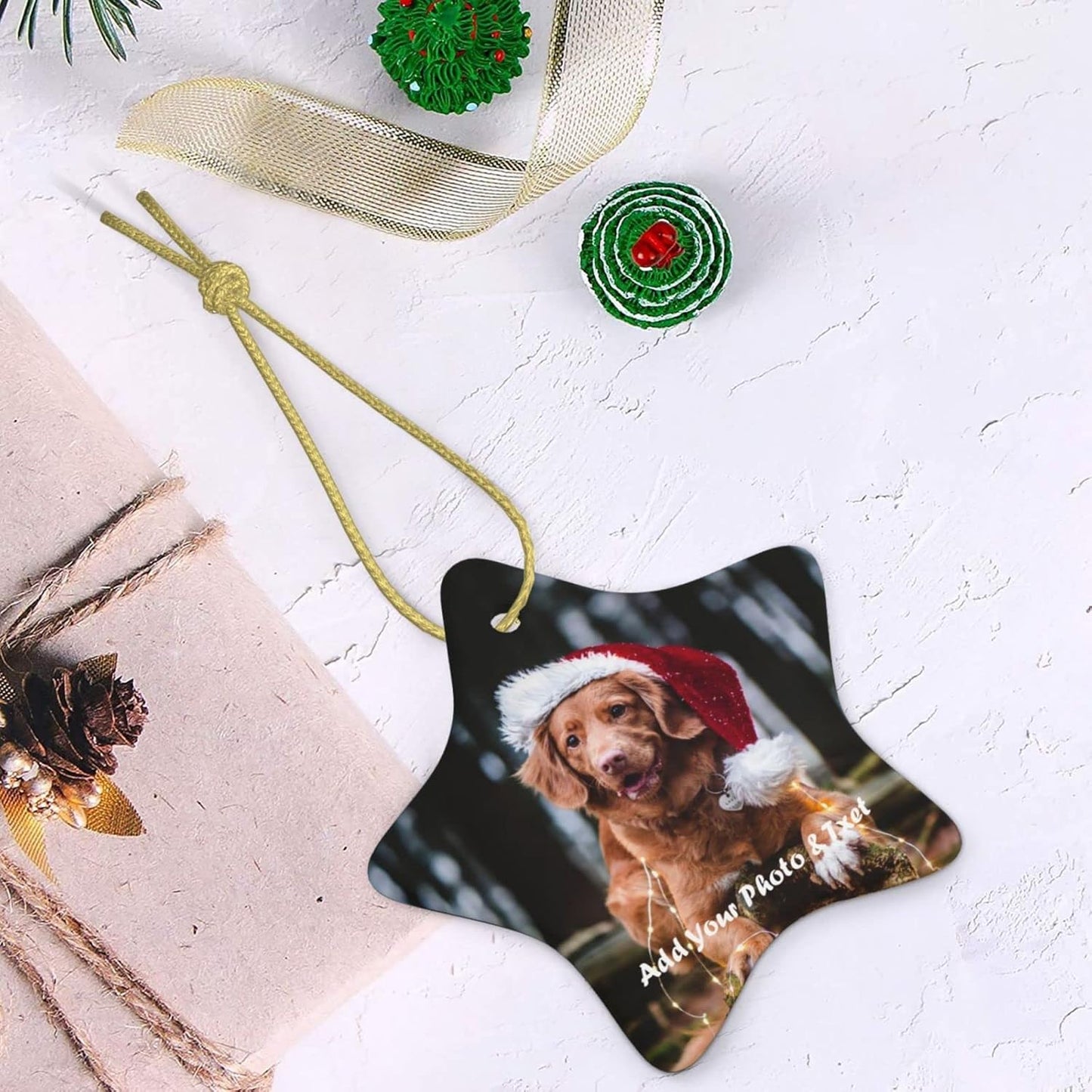 Personalized Ceramic Christmas Tree Photo Ornament - Customized Wedding, Baby, Family, Pet Picture - Unique Xmas Gift (Pentagram - 2pcs)