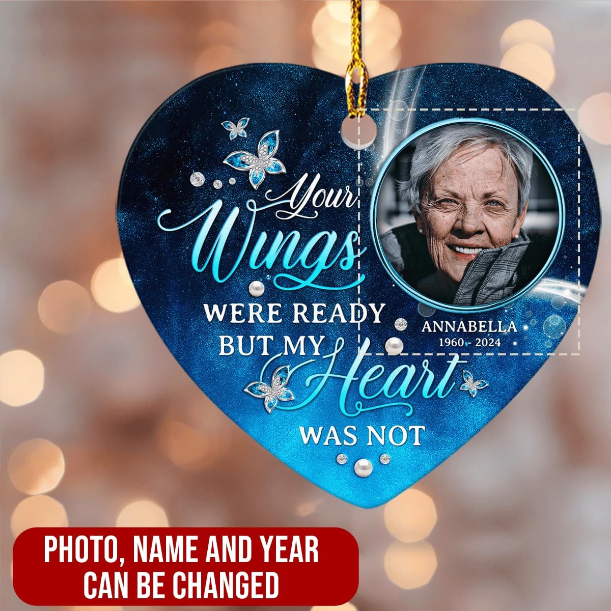 Personalized Memorial Ornaments with Photo Picture Your Wings were Ready But My Heart was Not Heart Shaped Ceramic Ornament Custom Pictures Heaven Keepsake Sympathy Gift Christmas Tree Décor