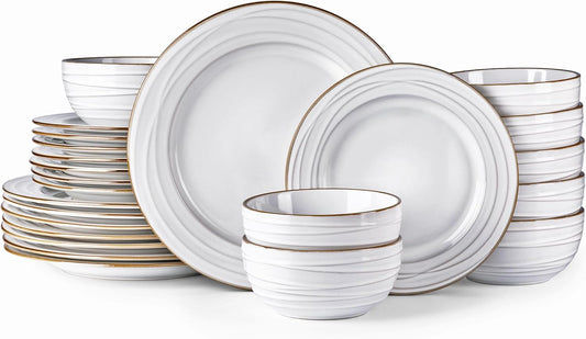GBHOME Ceramic Dinnerware Sets, 24 pcs Embossed Elegant Stoneware Plates and Bowls Sets, Housewarming Wedding Gift | Dishwasher & Microwave Safe | Dishes Set Service for 8