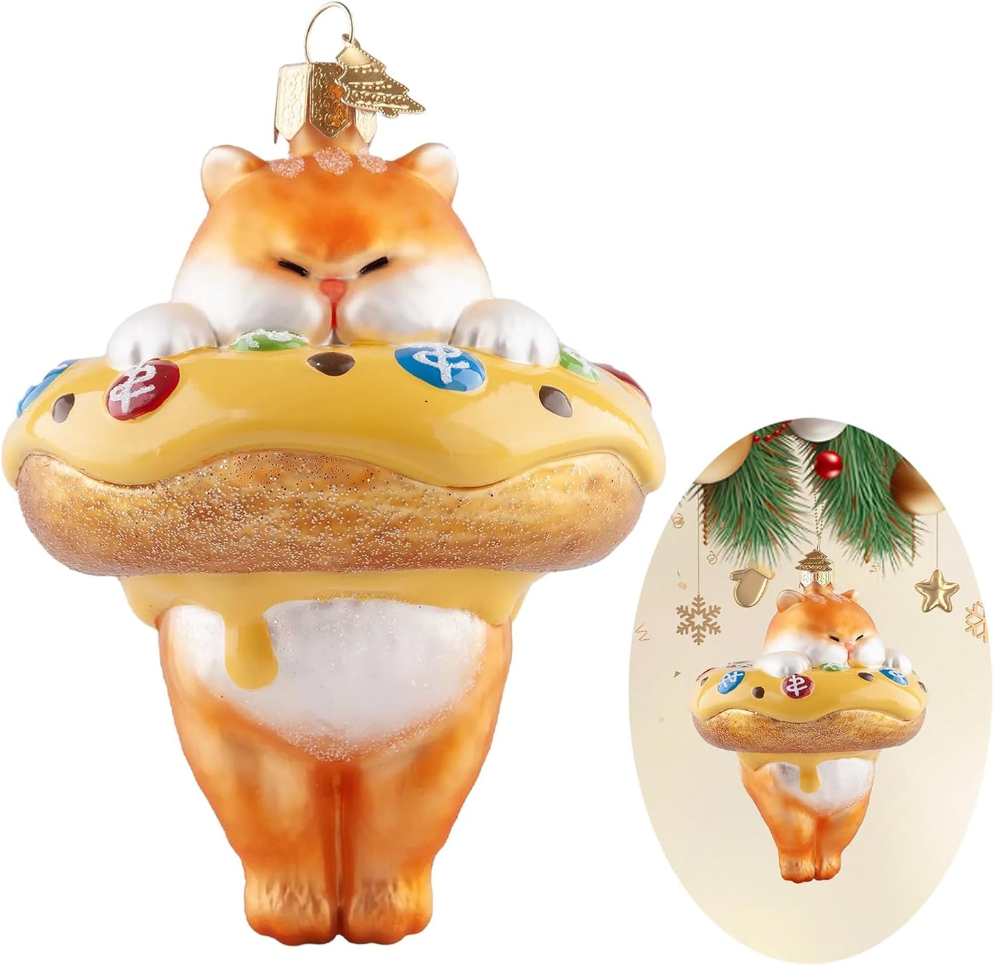 Cat Christmas Tree Ornaments,Hand-Blown Glass Ornaments,Cat Collection Hanging Ornaments,Donut Pendant Ornament,Glass Christmas Decorations for Animal Lovers Holiday Party Home Gifts