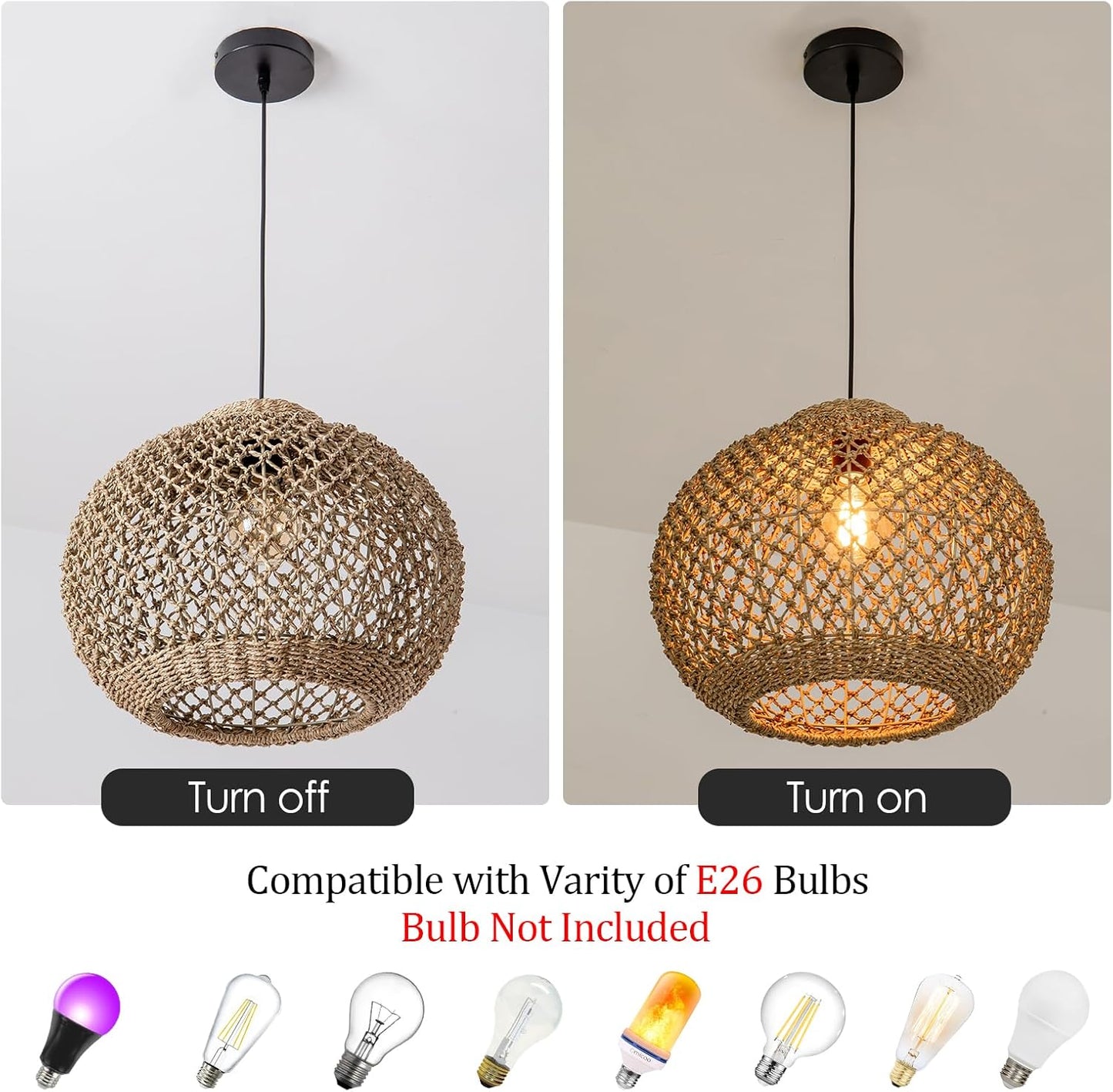 13.77" Woven Rattan Pendant Light,Hand-Woven Water Plants Rattan Chandelier Boho Wicker Coastal Retro Ceiling Chandelier Lighting,for Kitchen Island Restaurant Craft Room Farmhouse