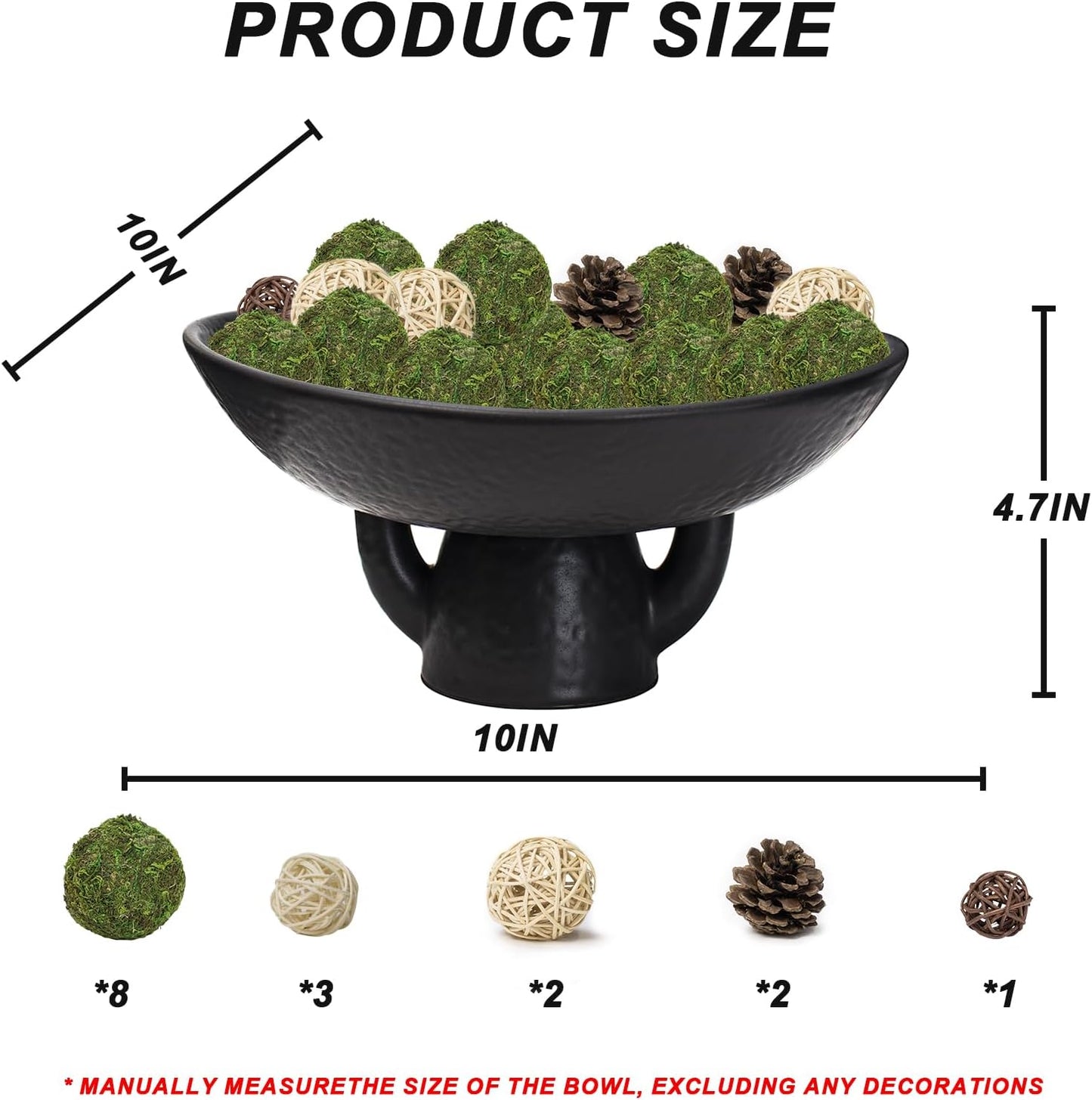 NAHARO Elegant Black Ceramic Bowl with Moss Ball Set-10 Decorative Bowl with 16pc Decorative Balls for Farmhouse Table Centerpiece, Living Room or Home Decor
