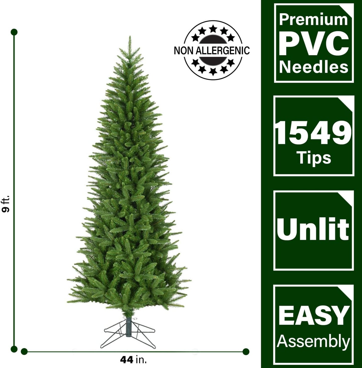 Fraser Hill Farm 9-Ft. Winter Falls Slim Christmas Tree with Metal Base and No Lights Included, Perfect Unlit Christmas Tree for Living Rooms, Dens, and Family Rooms