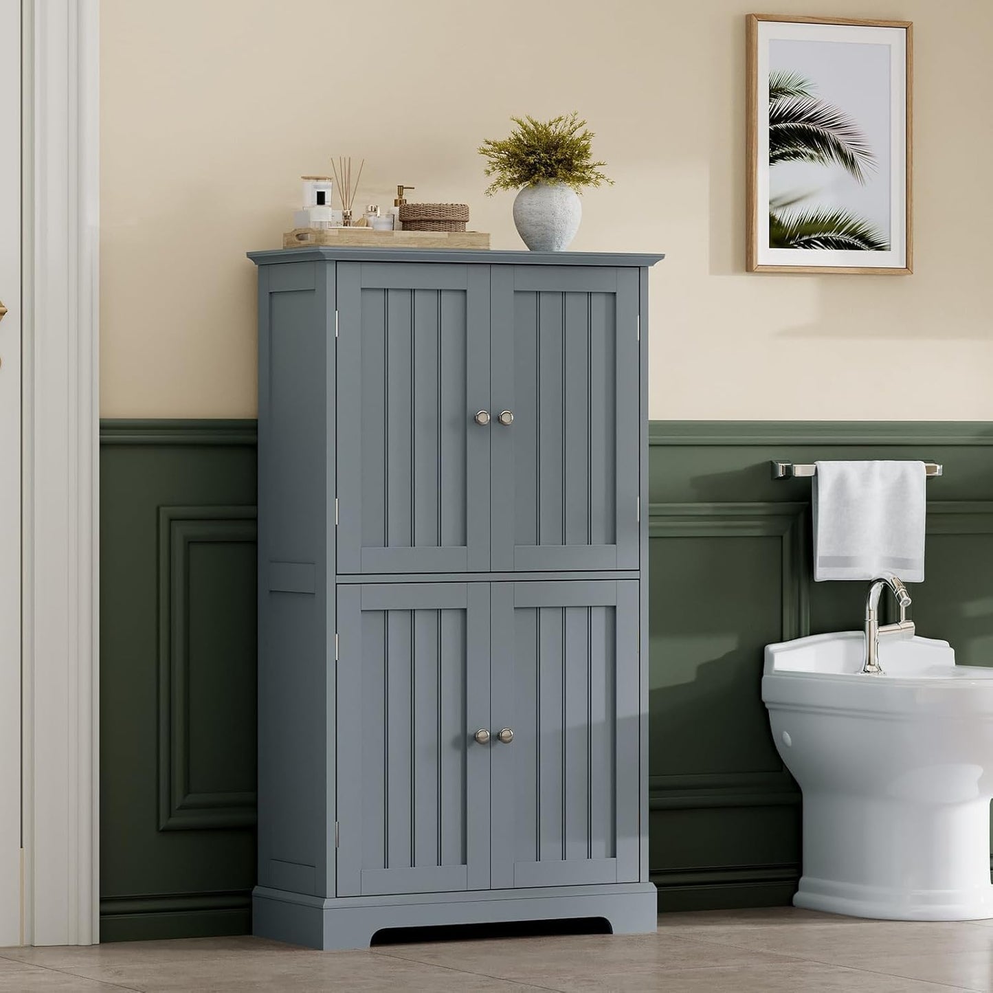 ChooChoo Bathroom Floor Cabinet, Modern Bathroom Storage Cabinet with 4 Doors and Adjustable Shelves, Freestanding Cupboard for Living Room, Grey