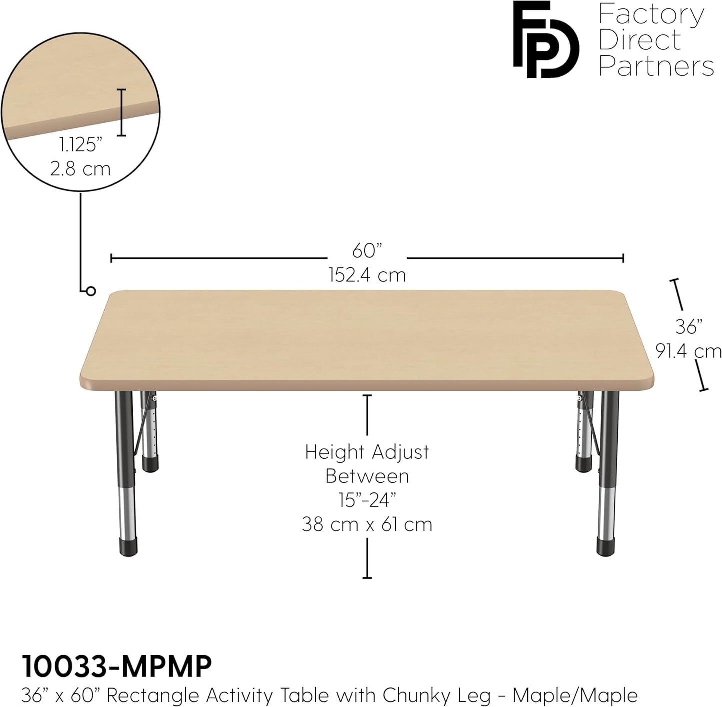 Factory Direct Partners FDP Rectangle Activity School and Classroom Kids Table (36 x 60 inch), Toddler Leg, Adjustable Height 15-24 inches - Maple Top and Maple Edge