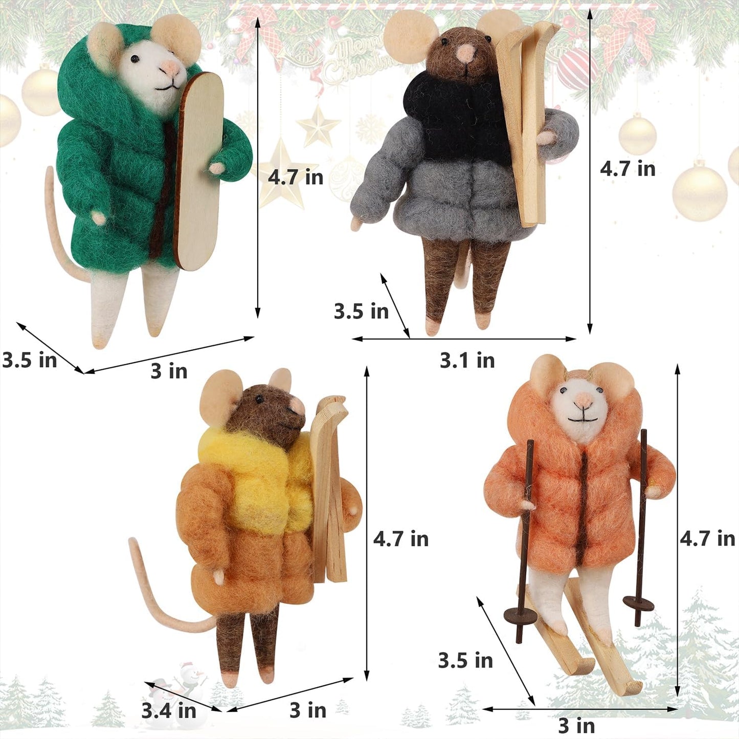 Set of 4 Christmas Felt Skiing Mice Ornaments, 4.7" Mini Winter Hanging Wool Mouse Figurines, Tiered Tray Tabletop Decor, Animal Crafts Xmas Tree Holiday Easter Gifts Home Office Party Supply