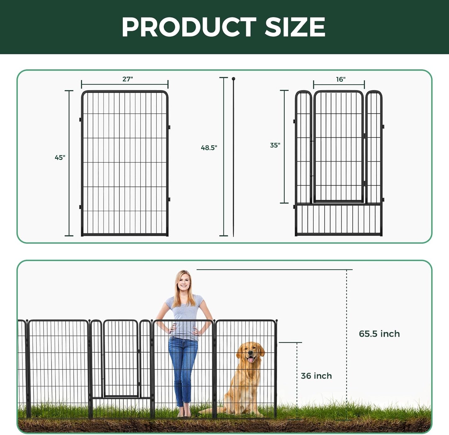 FXW Garden Fence Outdoor for The Yard – 45in(H) x 17.8ft(L) Heavy Duty Metal Animal Barrier for Dog and Rabbit, Decorative Dog Fence, 8 Panels, Black