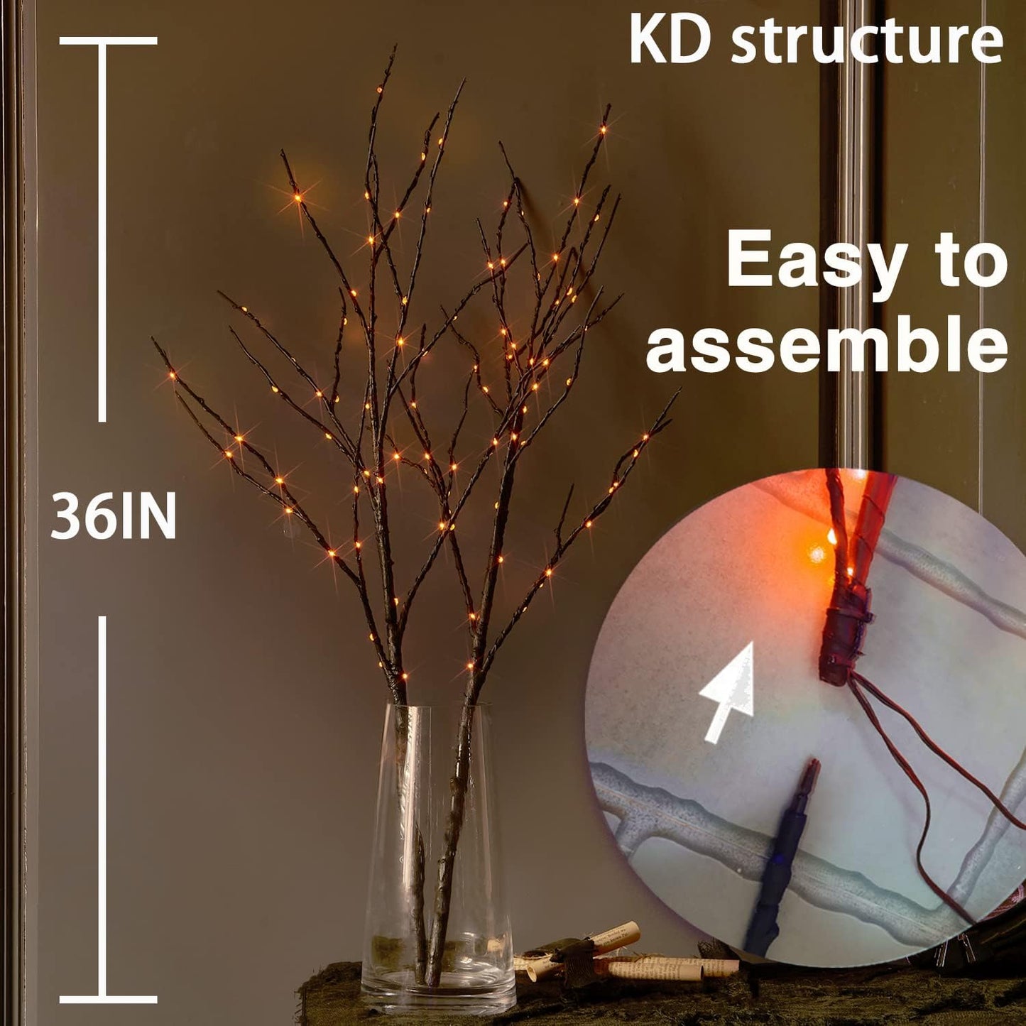 Fudios Halloween Lighted Branches with Timer 100 LED Orange Fairy Lights 32IN, Black Tree Branch Lights Battery Operated for Home Party Mantle Decoration