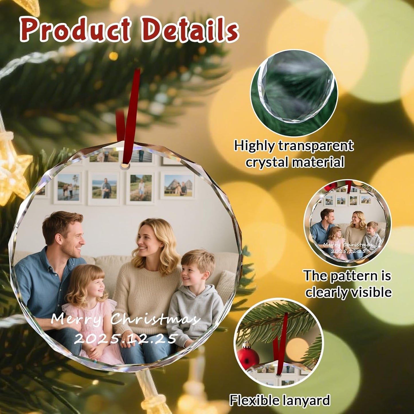 Custom Christmas Ornament Glass-Personalized Christmas Ornaments with Photo/Name/Date/Text,Wedding Christmas Birthday Baby Gifts (Color 7)