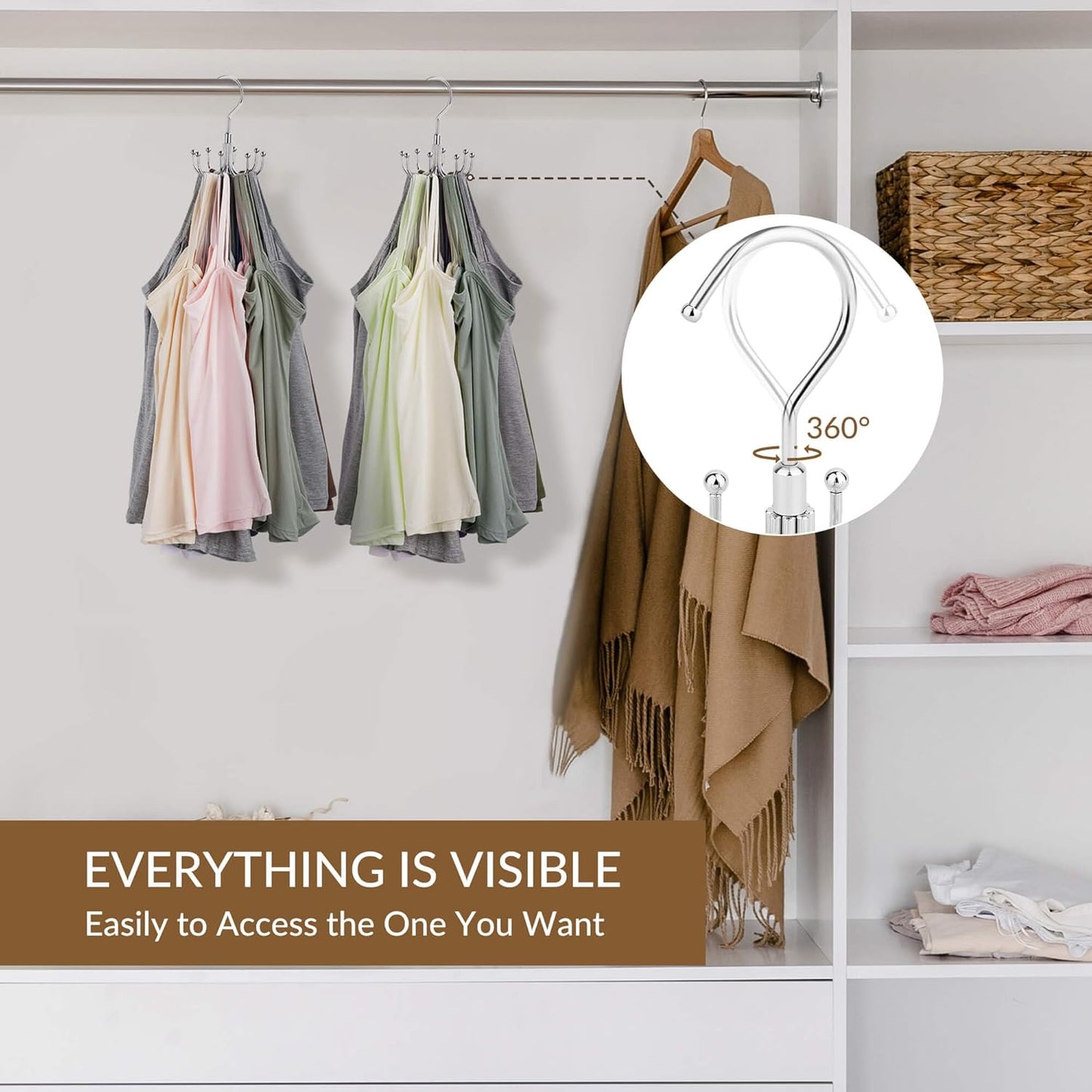 ZEDODIER Tank Top Hanger, Rotatable Bra Organzier for Closet, Max 24 Storage Capacity Sport Bra Holder, Metal Space Saving Closet Organizers and Storage, Silver