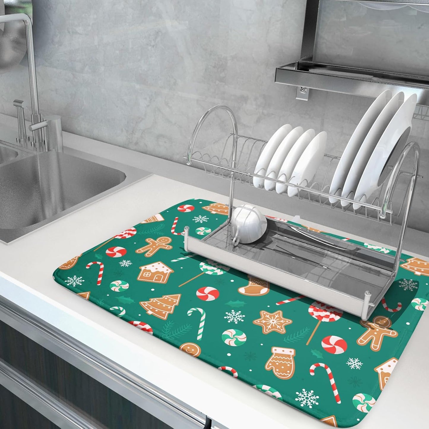 Gingerbread Dish Drying Mat for Kitchen Counter Holiday Green Super Absorbent Reversible Microfiber Kitchen Countertop Protector Dishes Pad Large 18x24 inch