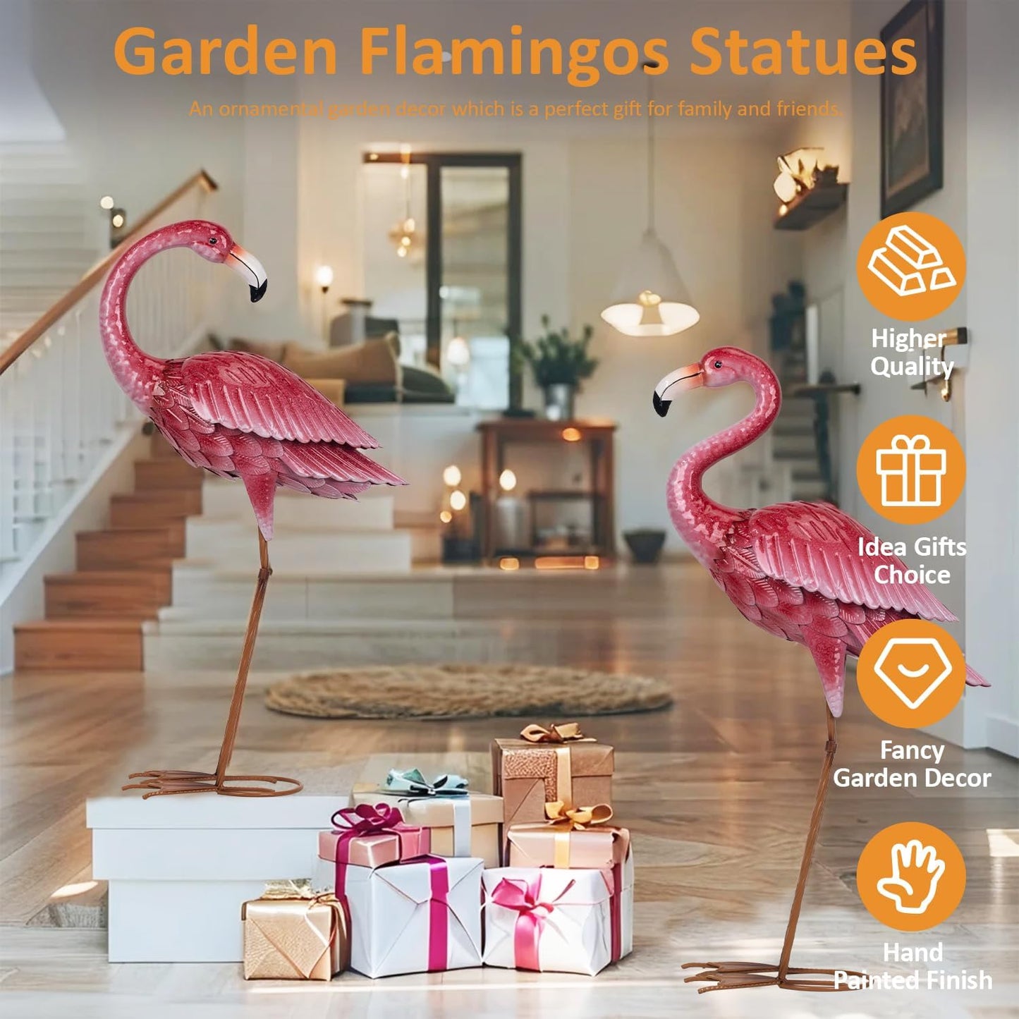 Kircust Flamingo Garden Sculpture & Statues, Metal Birds Yard Art Outdoor Statue, Large Pink Flamingo Lawn Ornaments for Home, Patio, Backyard Decor (2-Pack)