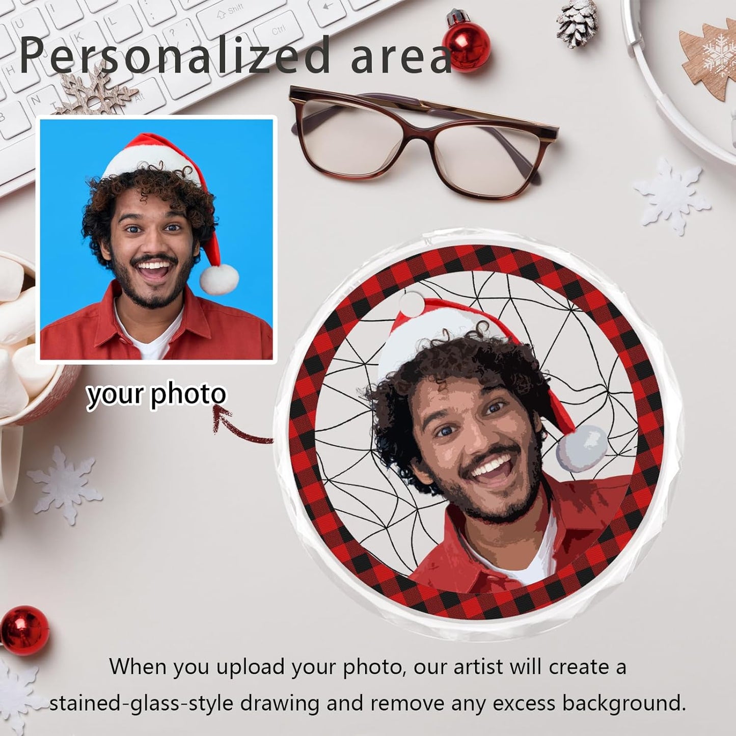 Personalized Christmas Ornaments, Custom Plaid Glass Ornament with Photo,Customized Christmas Tree Decor Gifts for Family, Dad, Mom, Him, Her, Girlfrend