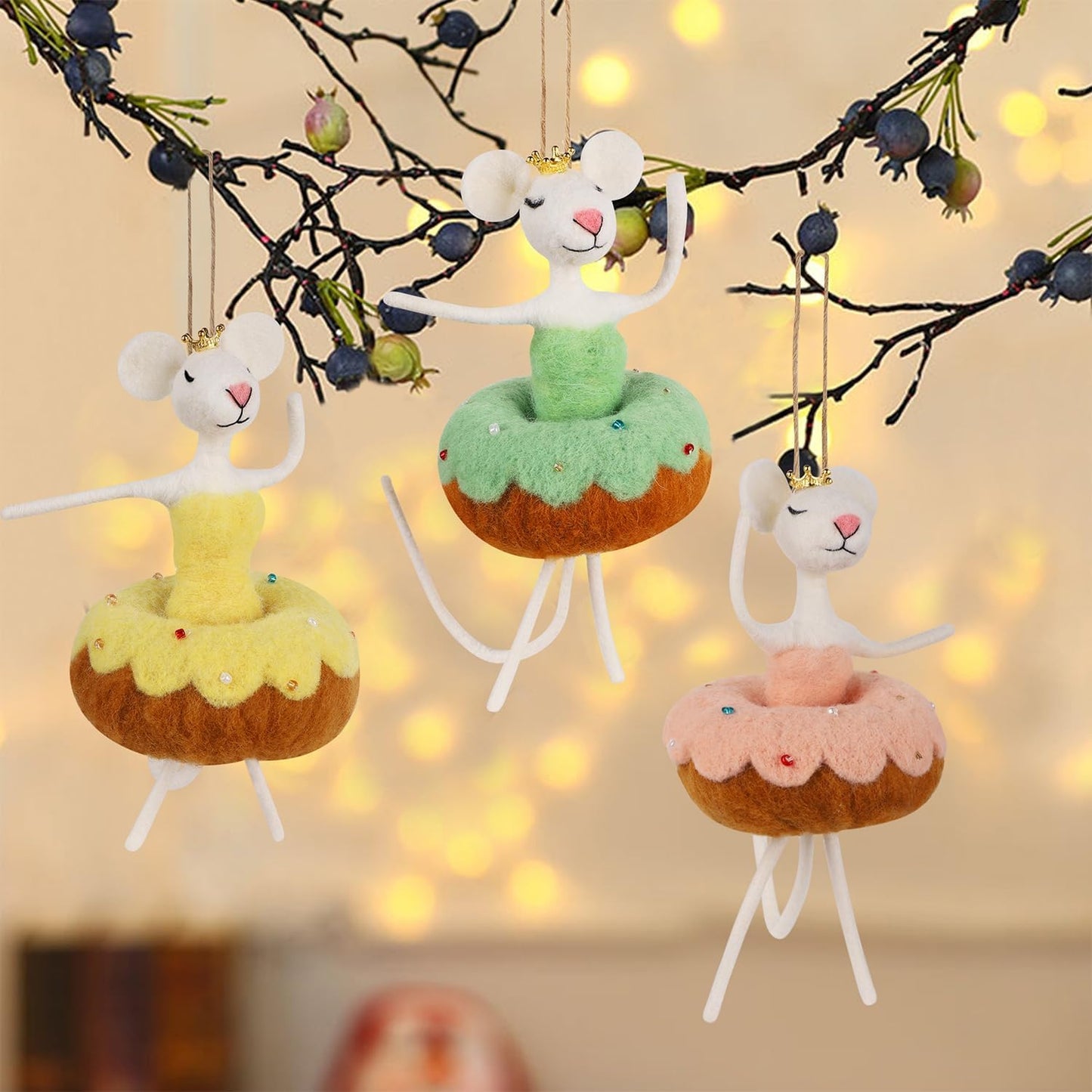 Set of 3 Christmas Felt Dancing Mice Ornaments, 6.7" Tall Hanging Wool Mouse Figurines with Donut Tutu Skirt, Tiered Tray Tabletop Decor, Xmas Tree Holiday Easter Gifts Home Office Party Supply