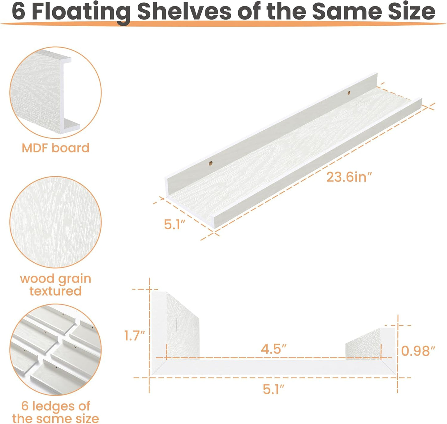 upsimples Floating Shelves for Wall, Wall Shelves for Decor Storage Set of 6, Wall Mounted Wood Shelf for Bedroom, Living Room, Bathroom, Kitchen, 23.6 inch Long Picture Ledge Shelf, White