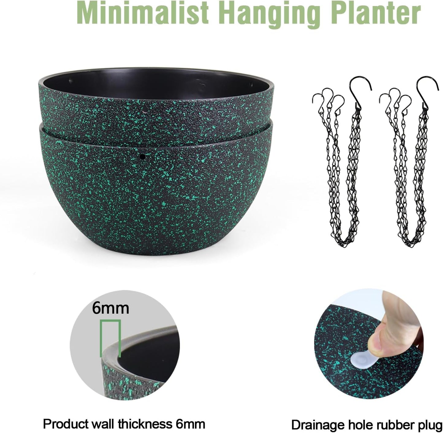 12 inch Large Hanging Planters for Indoor Outdoor Plants, 2 Pack Hanging Flower Pots with Drainage Holes and Chain, Plastic Hanging Baskets for House Plants, Black with Green Speckles
