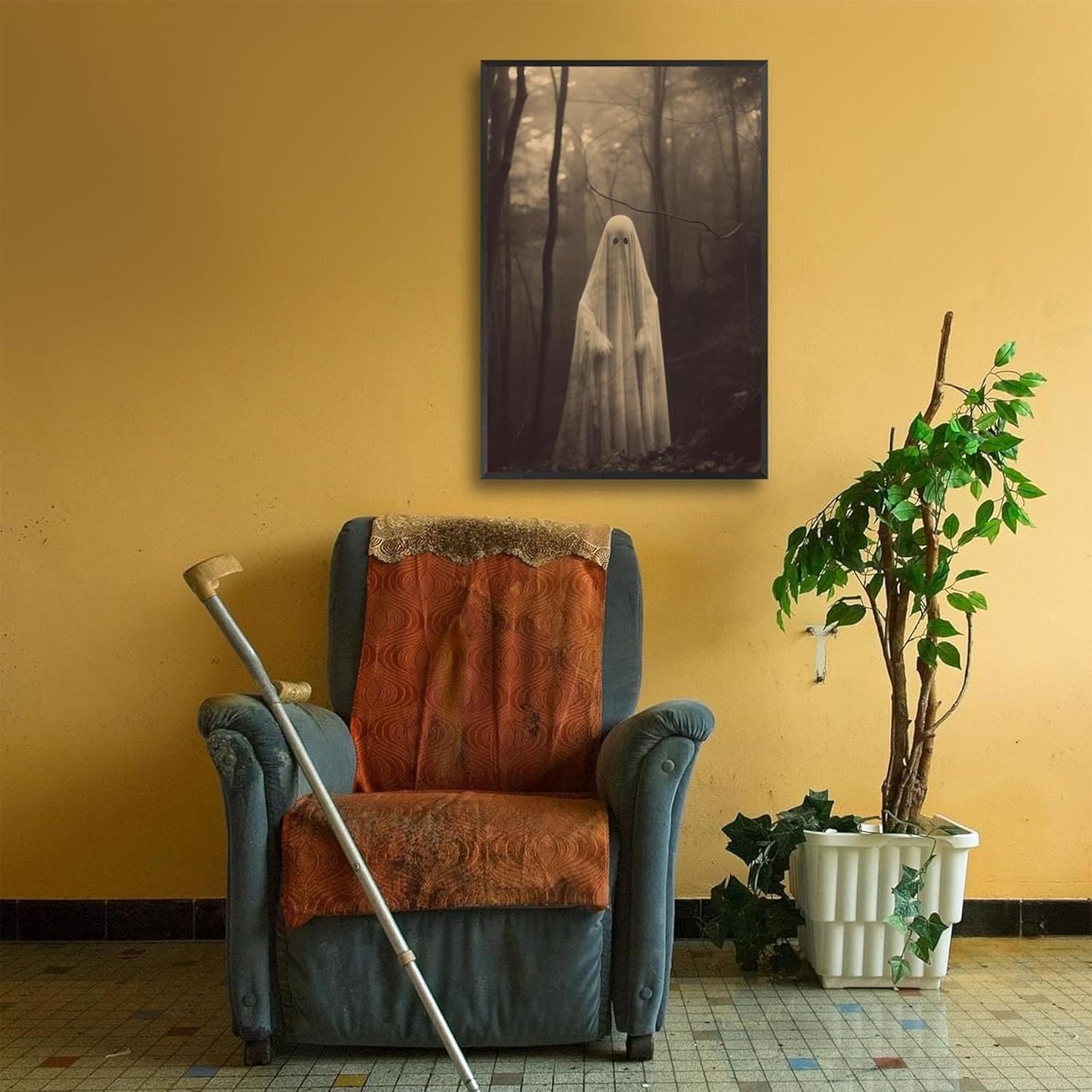 Ghost Forest Spooky Print Poster The Gothic Room Decor Creepy Picture Posters Dark Academia Aesthetic Family Prints Canvas Wall Art Home Apartment Decorations 12X16inch Aluminum Framed