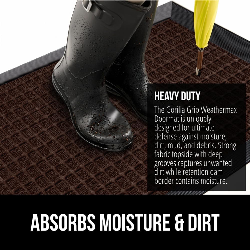 GORILLA GRIP 100% Waterproof All-Season WeatherMax Doormat, 60x24, US Designed Natural Rubber, Stain and Fade Resistant, Low Profile Indoor Outdoor Door Mats, Easy Clean Patio Mat, Coffee Squares