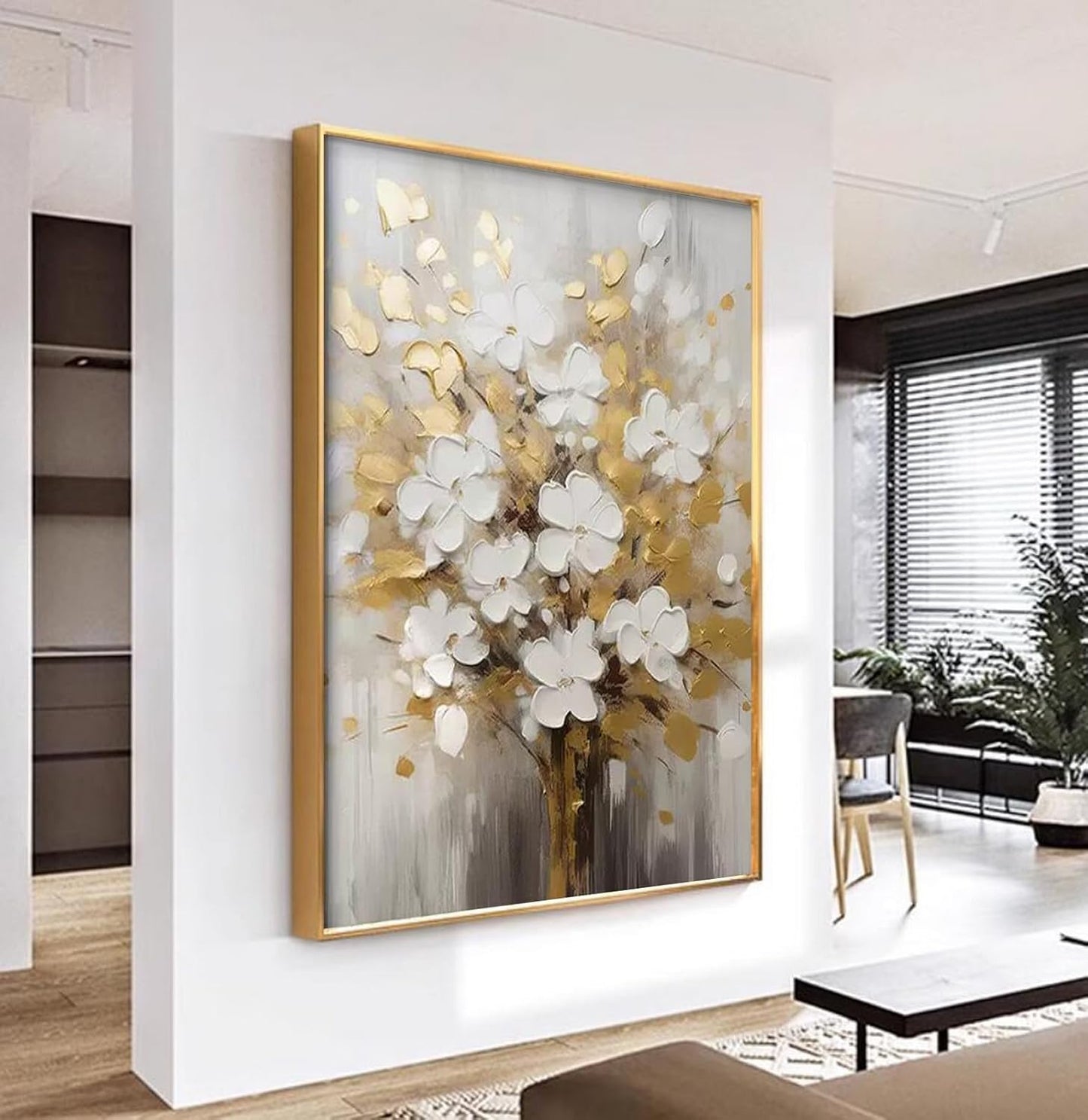 Hand-Painted White and Gold Flowers Painting On Canvas for Living Room,Large 3D Floral Wall Art for Office,Framed Golden Leaf Textured Artwork for Bedroom Girl's Room Wall Decor 30x48inch