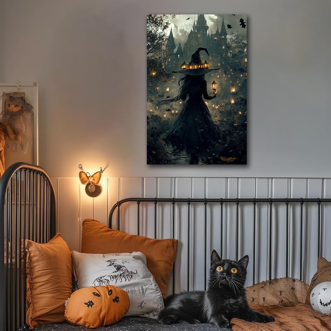 Halloween Witch and Haunted House Canvas Wall Art,Dark Academia Scary Witch Castle Posters Prints,Thriller Horror Gothic Wall Decor Pictures for Halloween Party House Decoration,24"x36" Framed