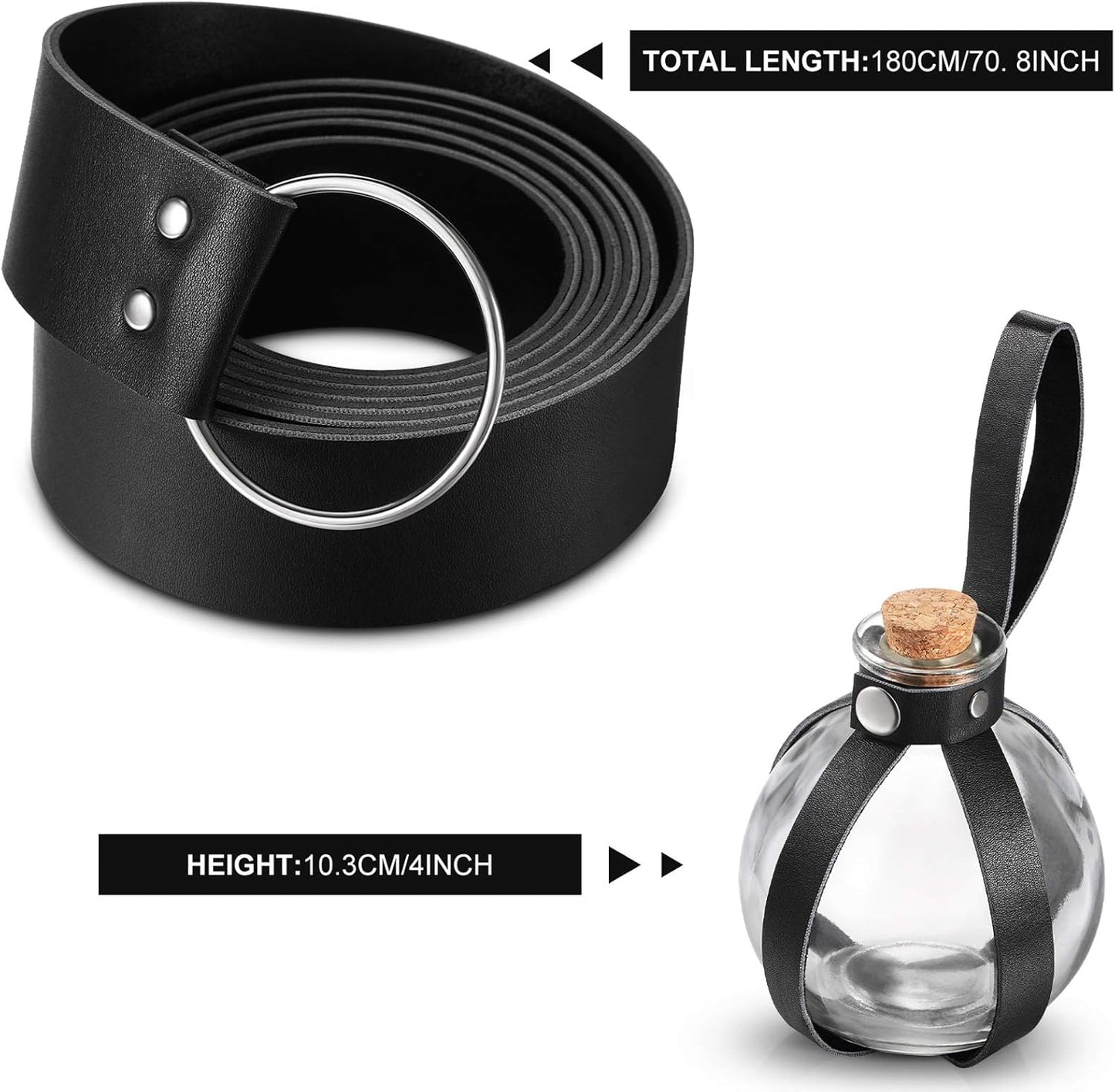 Boao Potion Bottles with Cork Set Dark Magic Cork Round Potion Bottle with Leather Belt Clear Glass Large for Halloween Costume Props DIY Crafts Decorative, 200 ml(Black)