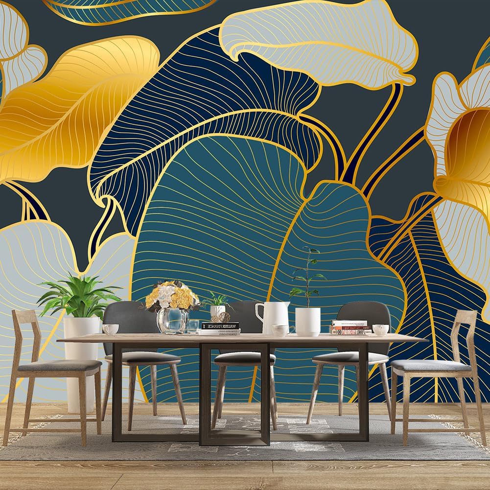Golden Botanical Leaf wallpeper Living Room Bedroom Wall Mural - 160"x108"（Not Peel and Stick）