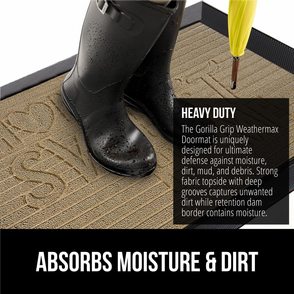 GORILLA GRIP 100% Waterproof All-Season WeatherMax Doormat, US Designed Natural Rubber, Stain and Fade Resistant, Low Profile Indoor Outdoor Door Mats, Easy Clean Patio Mat, 17x29, Home Sweet Home