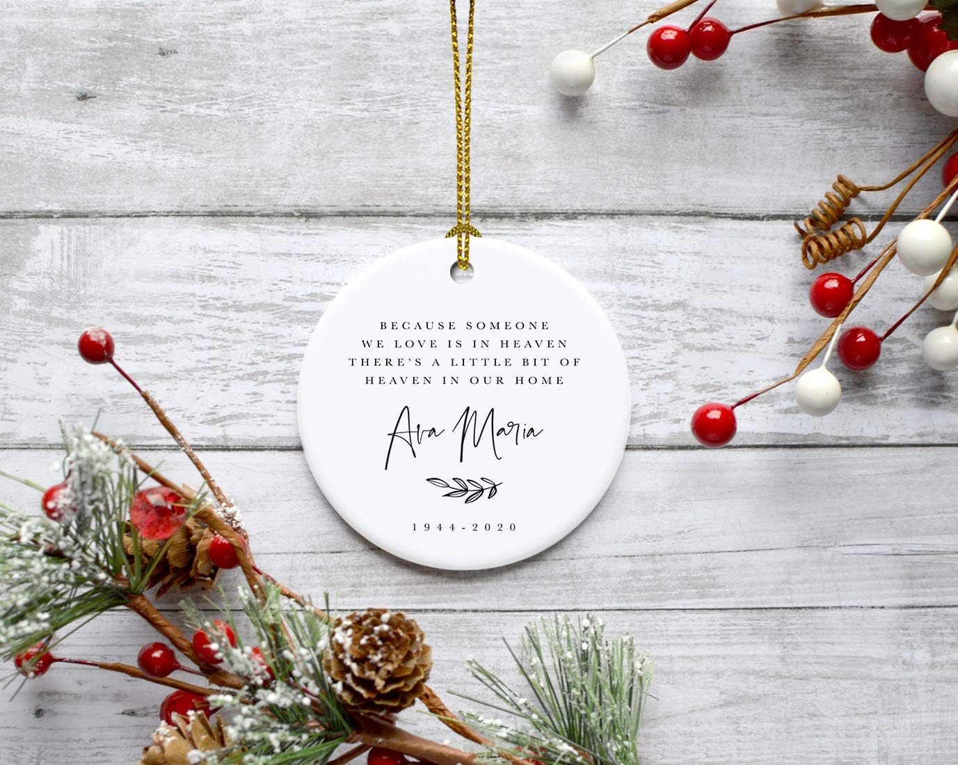 Andaz Press Personalized Round Ceramic Porcelain Christmas Ornament Keepsake Beareavement Memorial Gift, Because Someone We Love is in Heaven Ava Maria Carter 1944-2024, Antique Handdrawn, 1-Pack