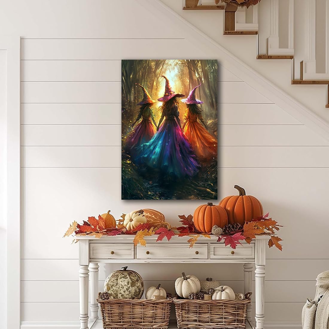 Halloween Room Decor Wall Art Colorful Witch Prints,Vintage Three Colorful Witches in Forest Halloween Posters,Fall Fantasy Aesthetic Pictures Playful Art Wall Decor for Bedroom,20"x30" Unframed