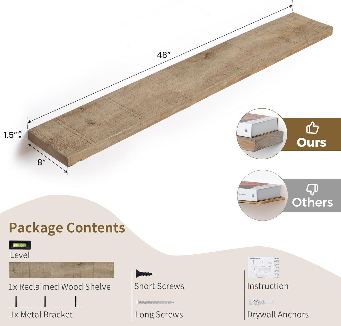 Floating Shelves - 8" Deep Rustic Reclaimed Barnwood Wall Hanging Shelves with Invisible Heavy-Duty Metal Bracket - Wall Mounted - Farmhouse Style - 48 inches, Distressed Natural