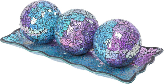 VCUTEKA Decorative Balls and Glass Bowl, 4 Inch Mosaic Sphere Balls Centerpiece Balls for Coffee Table, Home Decor, Wedding Party Decor, Purple