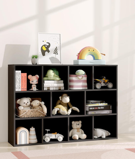 11 Cube Kids Toy Storage Organizer with Kids Shelf, Baby Bookshelf for Nursery, 3-Tier Children Wooden Bookcase, Storage Bookshelf for Classroom, Playroom, Kindergarten, Black