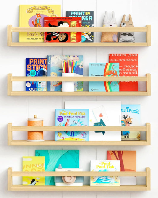 Forbena Natural Wood Nursery Bookshelves for Wall, 24 Inches Long Floating Book Shelves, Wall Mounted Bookcase for Baby Teen Girl Boy Kids Room Bedroom, Playroom Organizer, Bathroom Decor (4-Pack)