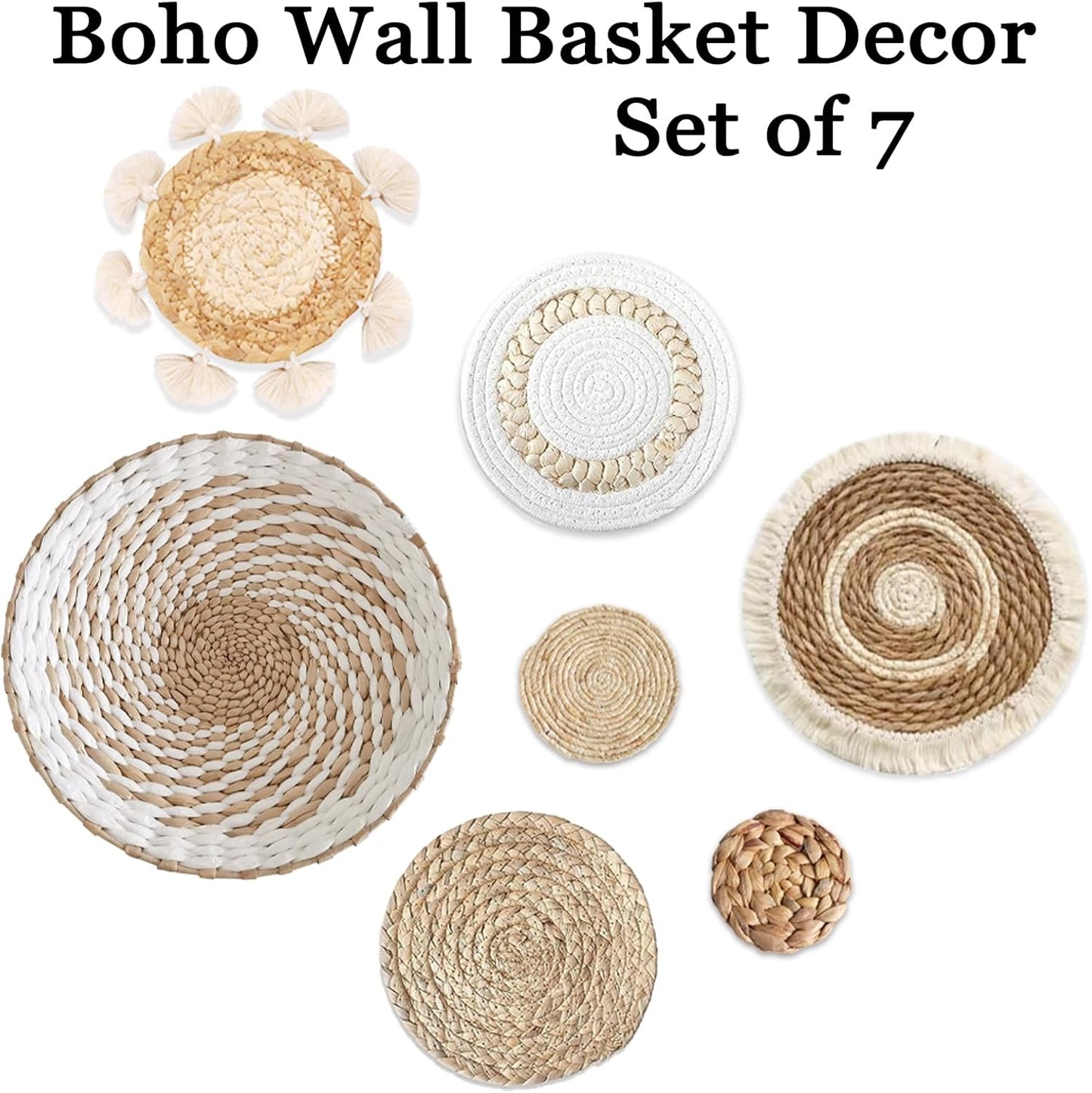 7 Pack Boho Wall Basket Decor - Seagrass Rattan Wicker Wall Decor Round Handmade Hanging Rustic Flat Elegant Wall Art for Farmhouse Living Rooms Bedrooms Display Table Settings Kitchen Home