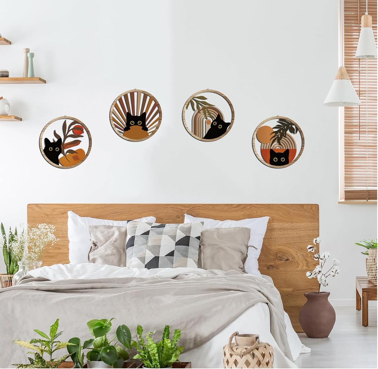 RETRART Boho Black Cat Wall Art Black Cat Room Decor Aesthetic, 4-Piece Farmhouse Geometric Wooden Cat Wall Decor Mid-Century Bohemian Moon Sun Design for Nursery, Bedroom Perfect Cat Lover Gifts