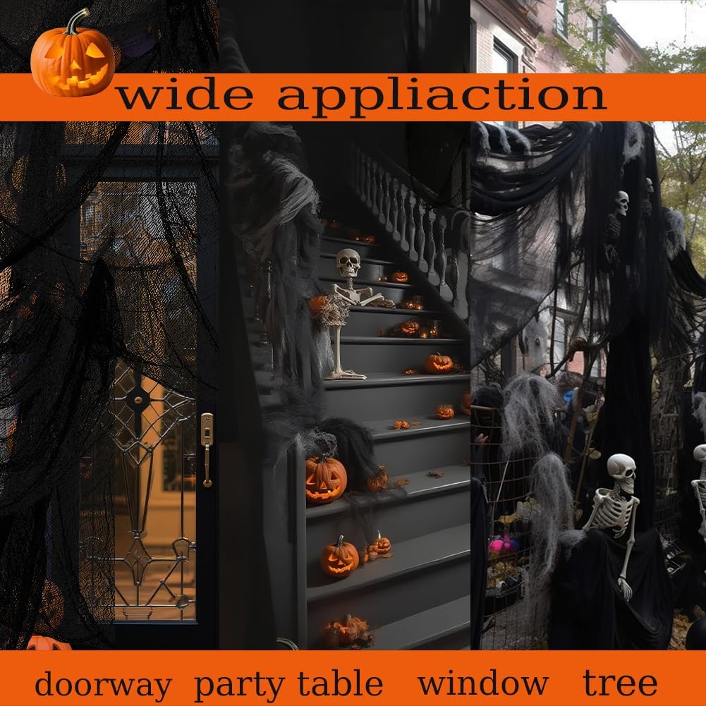 (Large Size 48 x 315 inch) Halloween Creepy Cloth - Spooky Giant Cheese Cloth Tapestry for Outdoor Yard Home Wall Decor Halloween Party Supplies & Decorations - Black